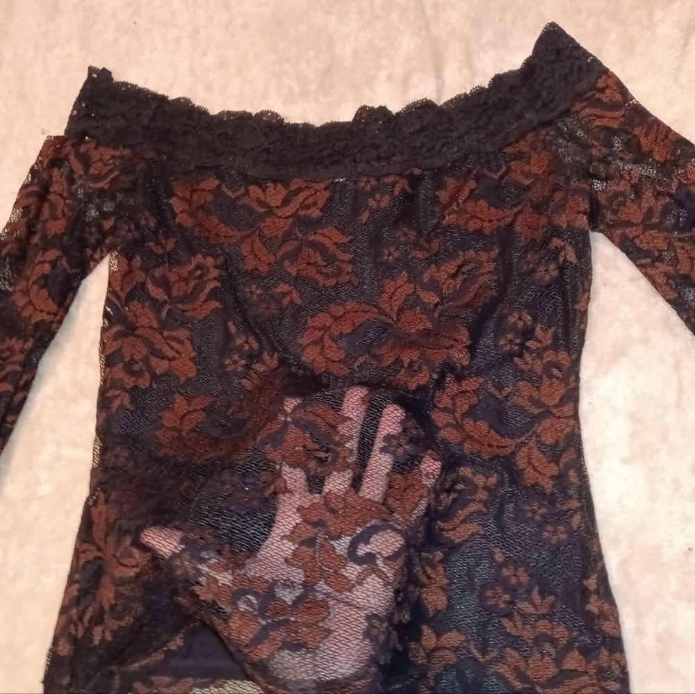 Vintage Casadei Set  Black  Brown Lace Off-Shoulder Top & Flared Pants Sz S - Picture 6 of 15
